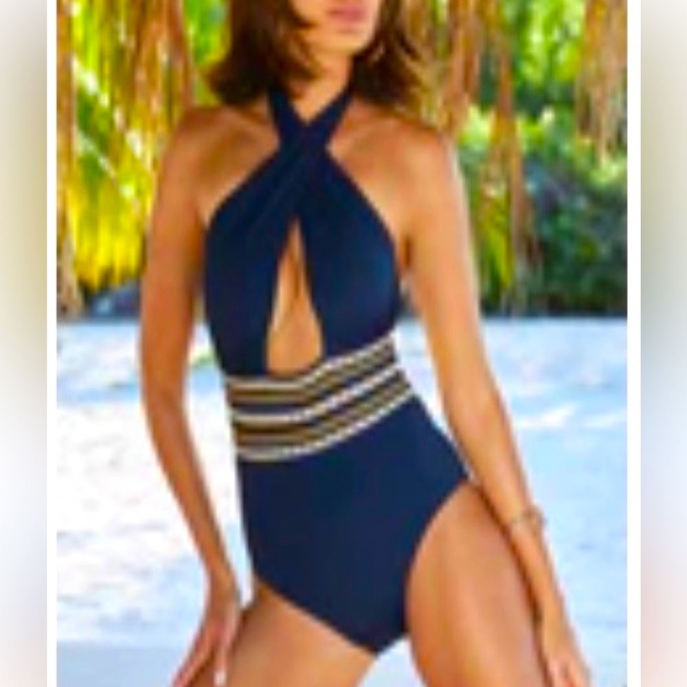 Brand New Michael Kors Cross Front Halter One Swimsuit in Navy - Size 12